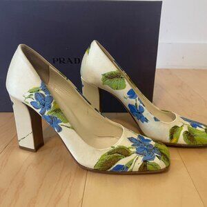 Vintage Prada White Blue Green Floral Print Block Heels, Size 36 (US 5.5) $125